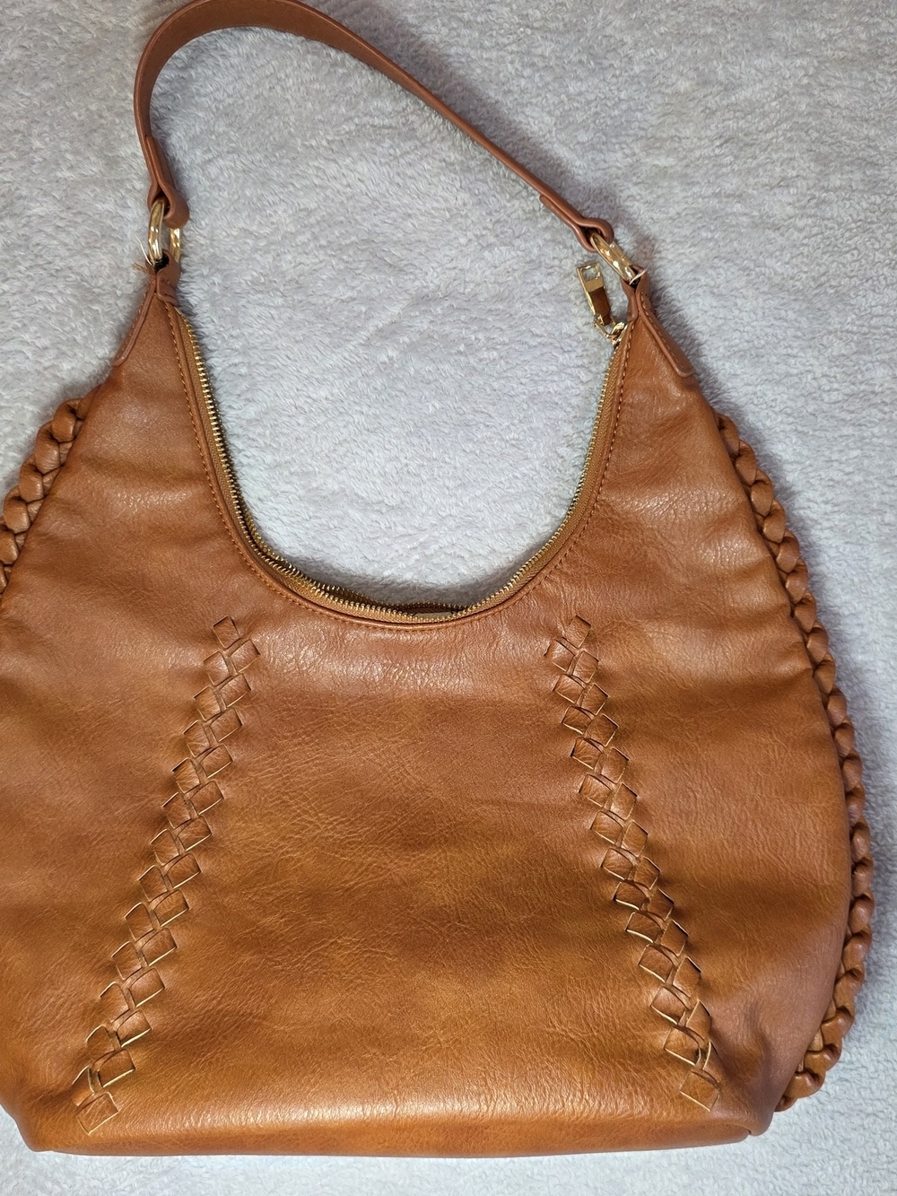Moda Luxe Cognac Hobo Bag Faux Leather Braided Trim Shoulder Bag